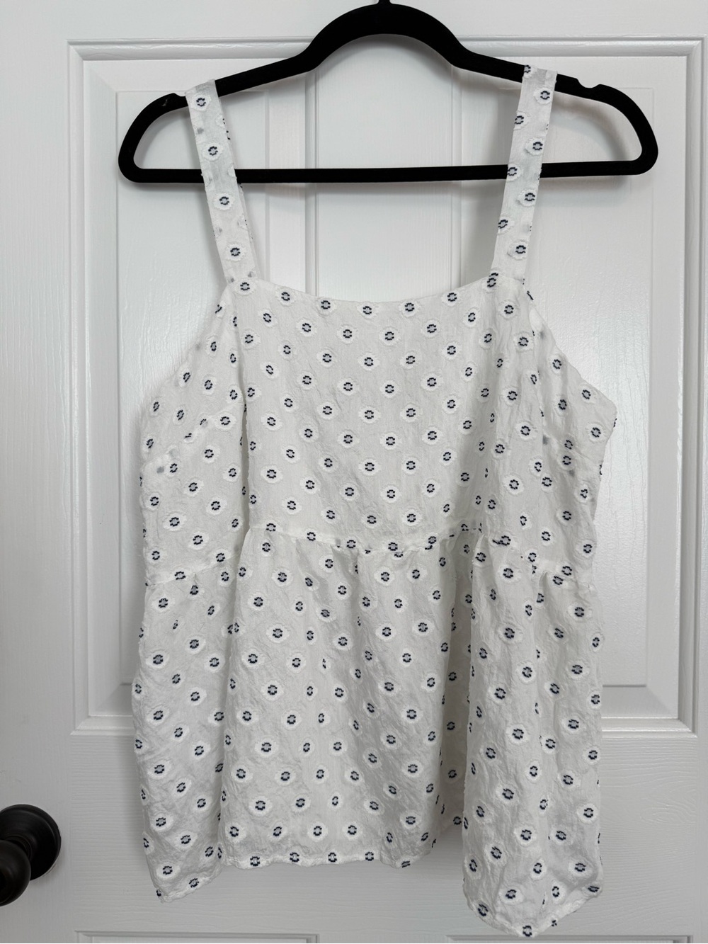 LOFT White Tank Top with Navy Dot Embroidery